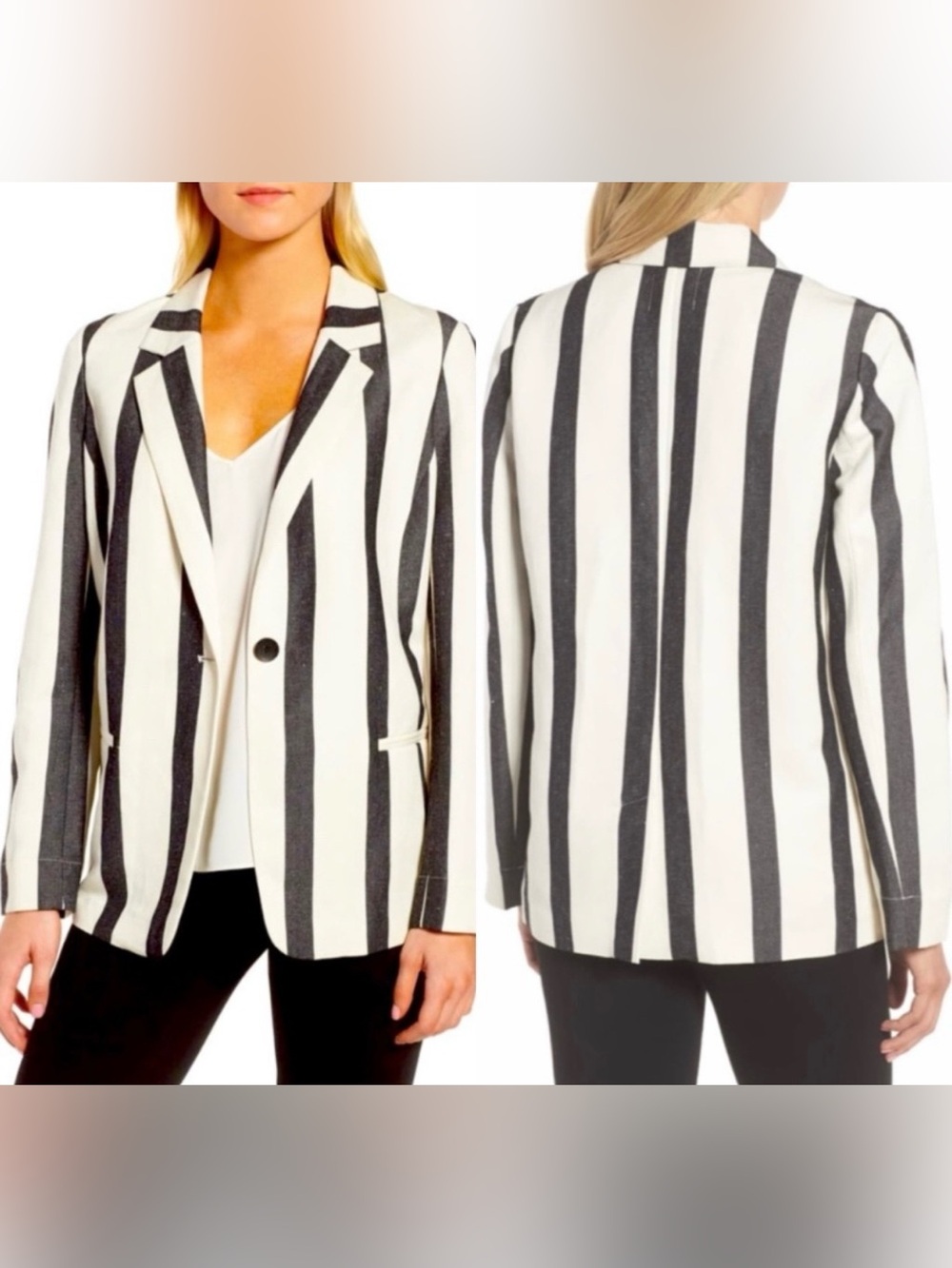 Trouve Black and Ivory Stripe Blazer Jacket Women's Size Large Long Sleeve